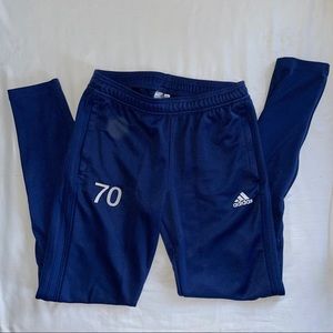 Adidas, blue warmup soccer pants (with drawstring, zipper along calf), size S